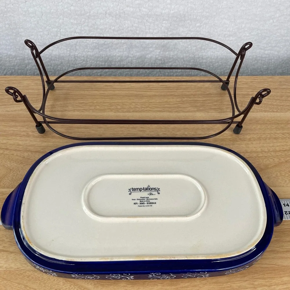 Temp-tations by Tara Floral Lace Cobalt Blue Ceramic 2 qt Trivet with Metal Rack
